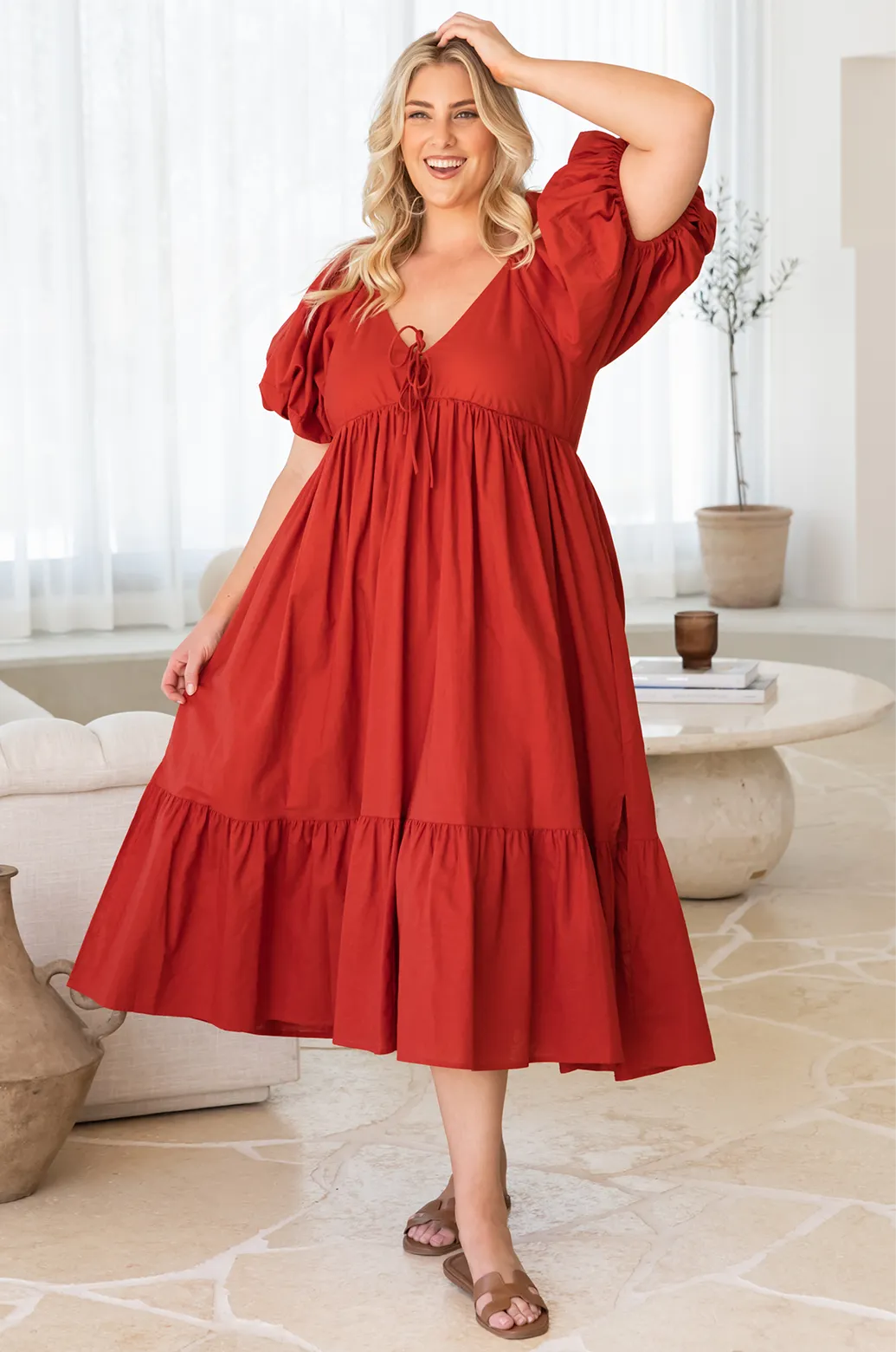 Mikayla Puff Sleeve Midi Dress Rust