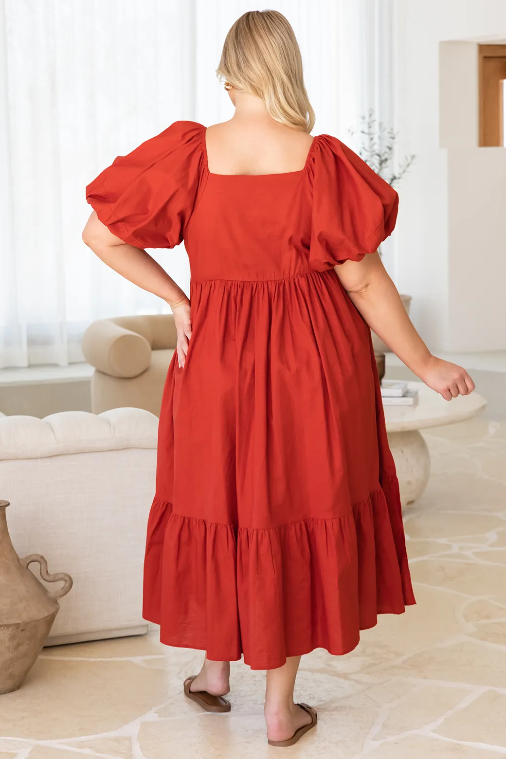 Mikayla Puff Sleeve Midi Dress Rust