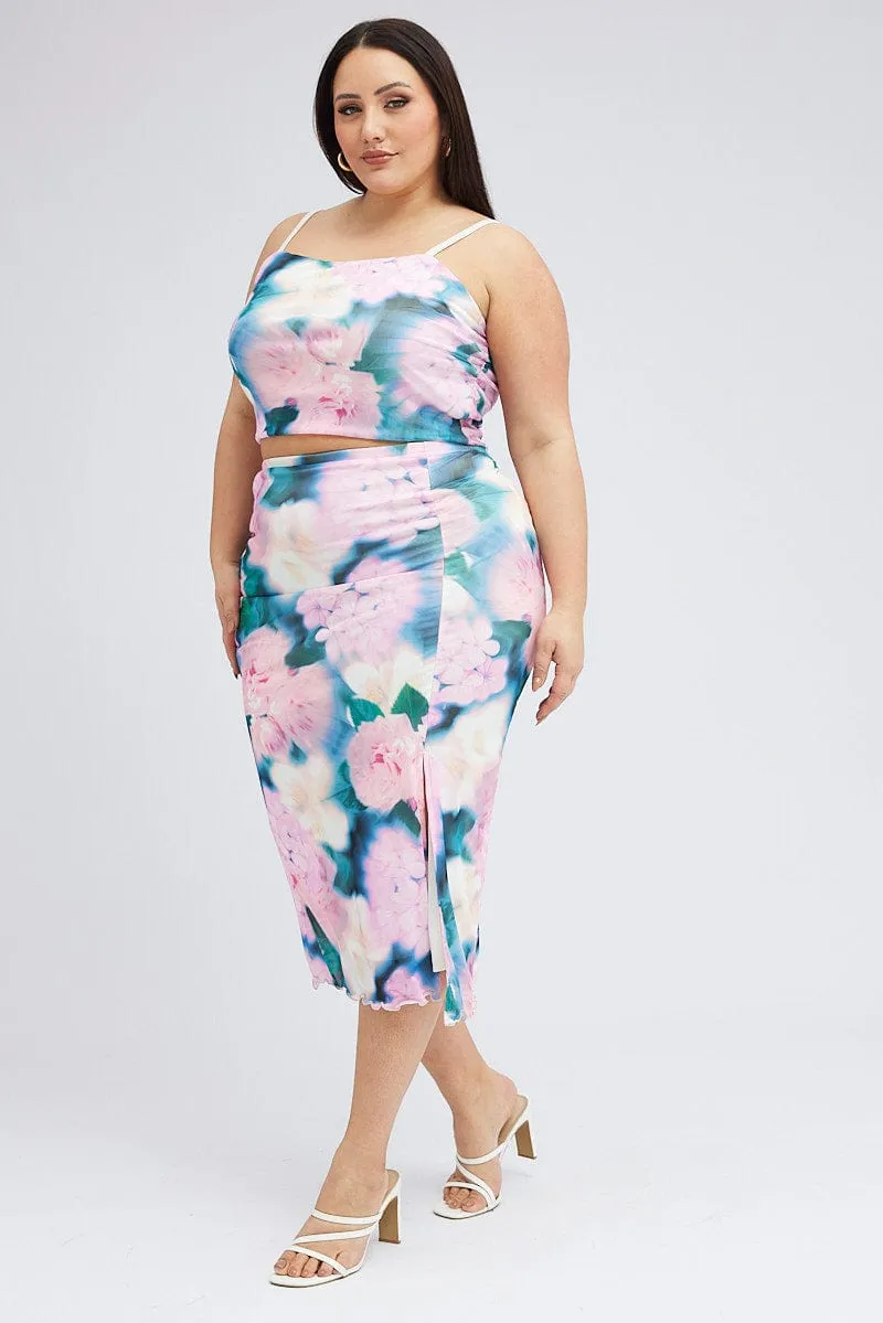 Multi Abstract Midi Skirt Bodycon Side Split