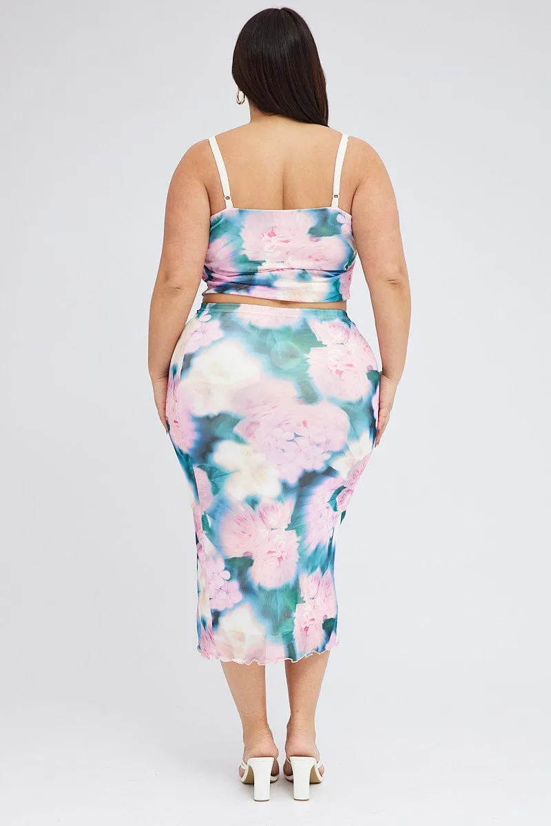Multi Abstract Midi Skirt Bodycon Side Split