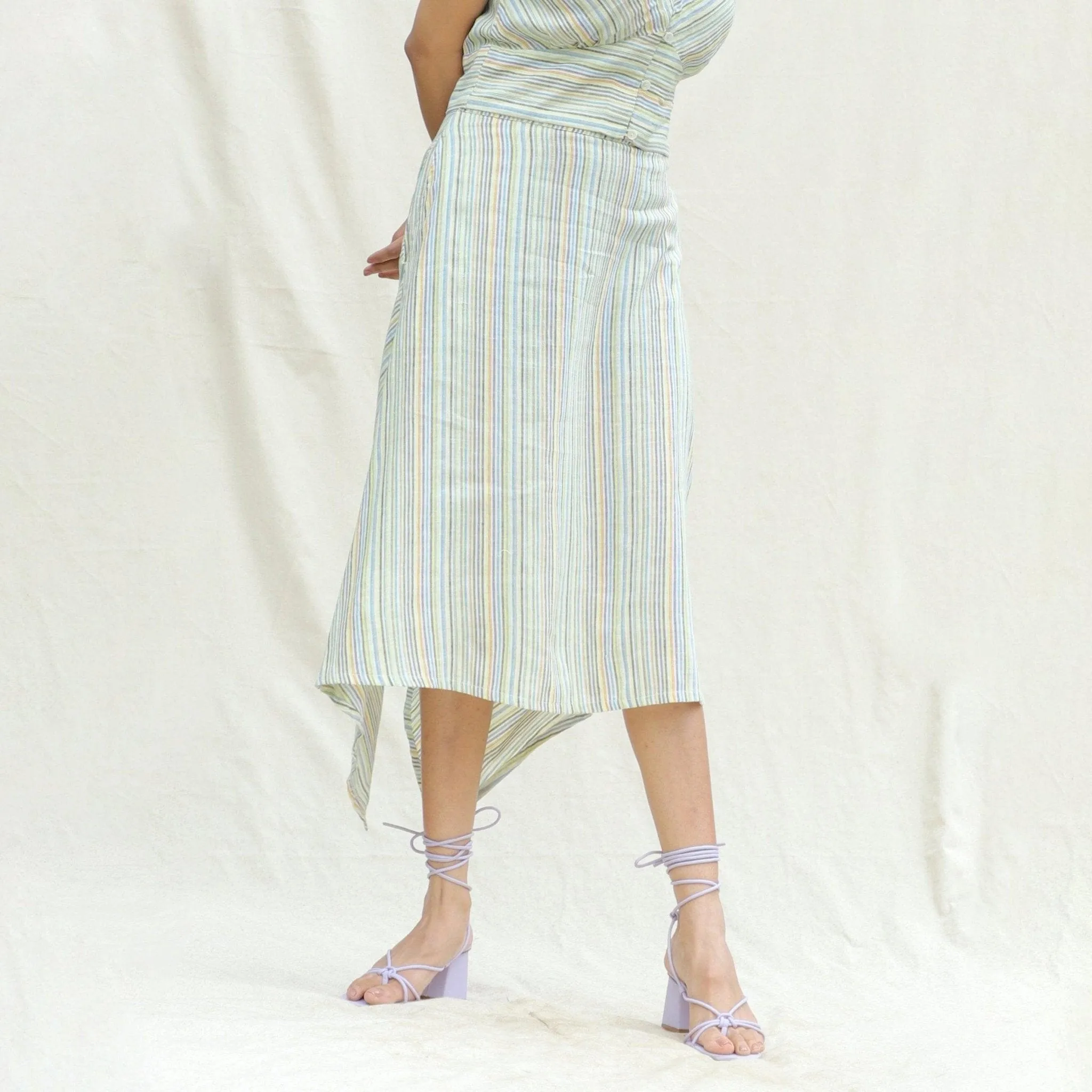 Multicolor Stripes Cotton Back Slit Asymmetric Skirt