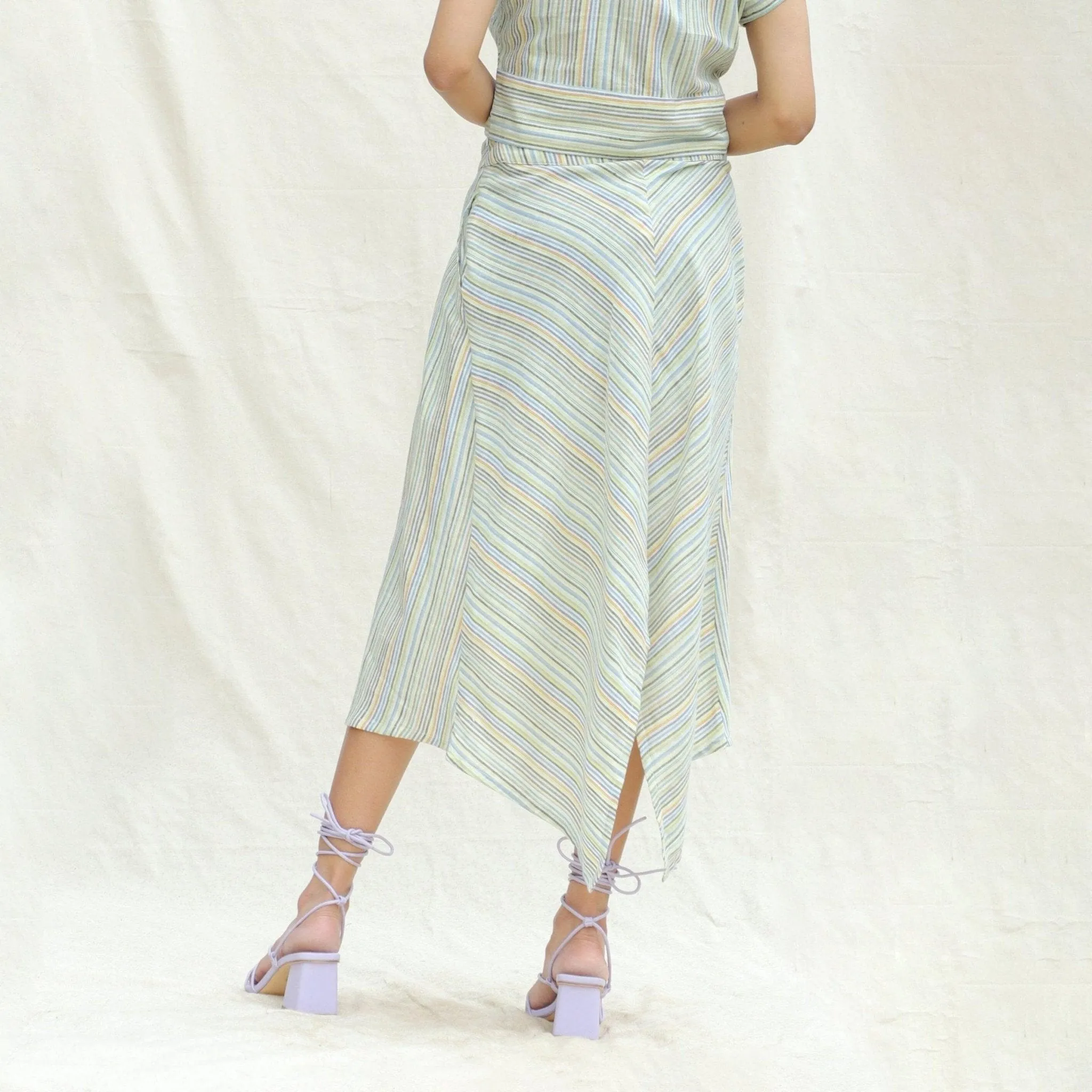 Multicolor Stripes Cotton Back Slit Asymmetric Skirt