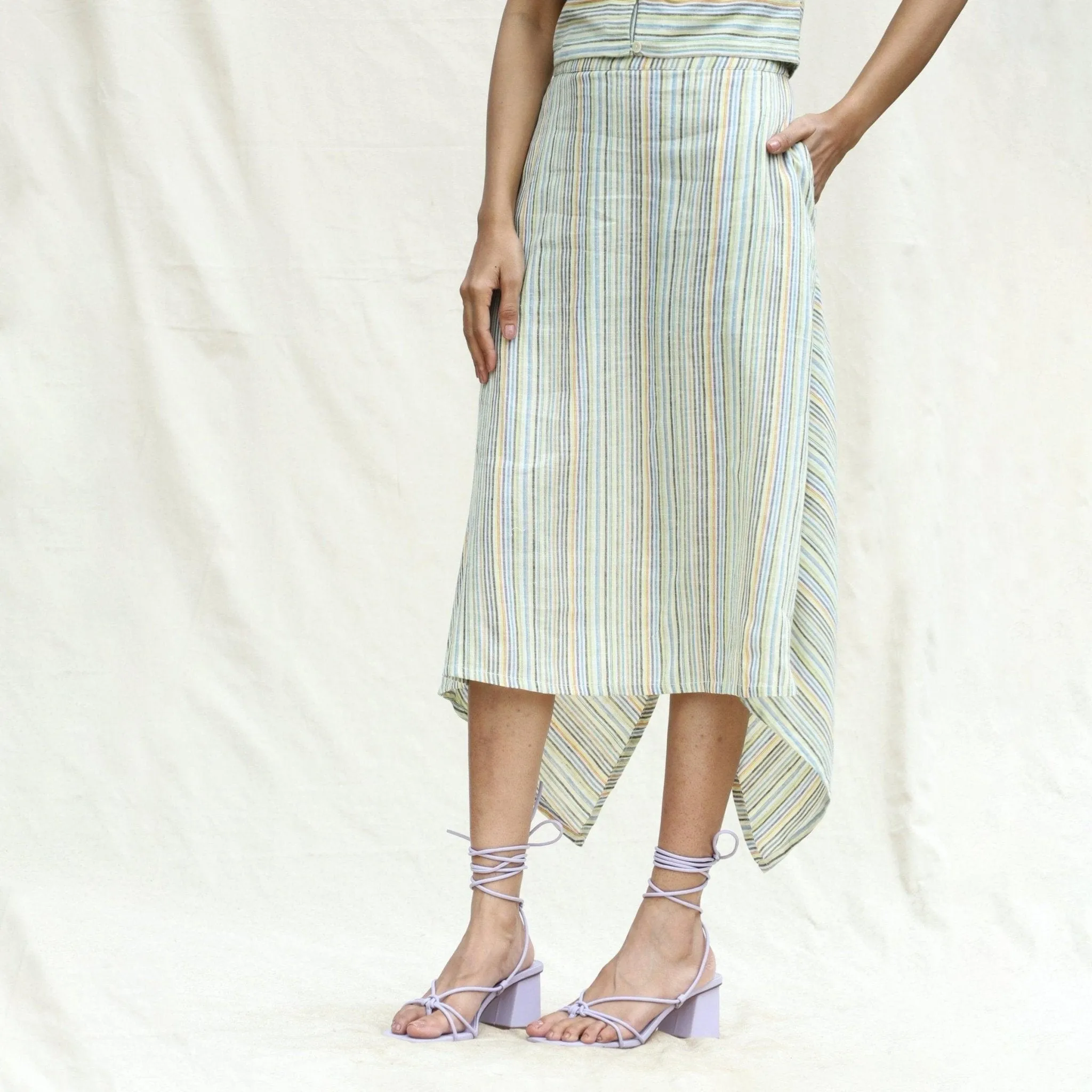 Multicolor Stripes Cotton Back Slit Asymmetric Skirt