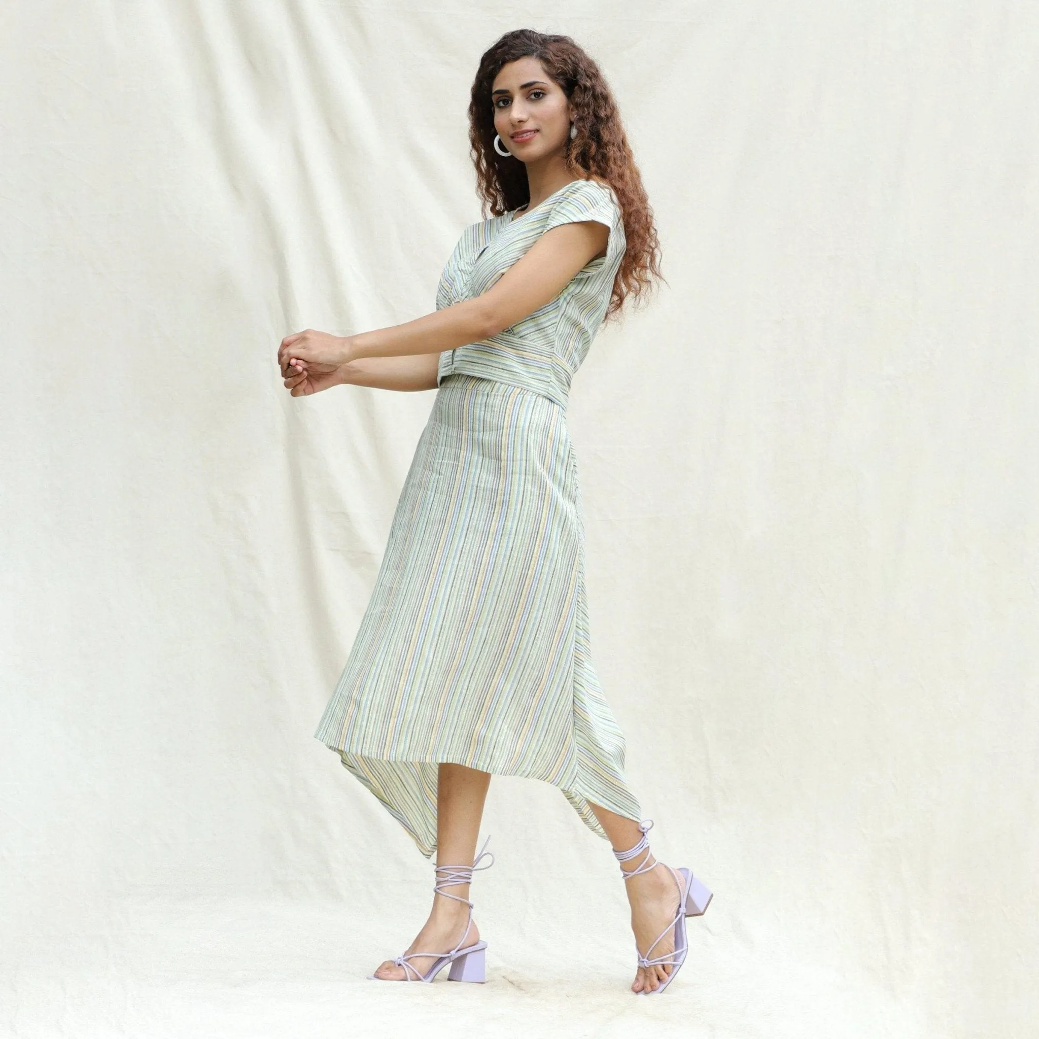 Multicolor Stripes Cotton Back Slit Asymmetric Skirt