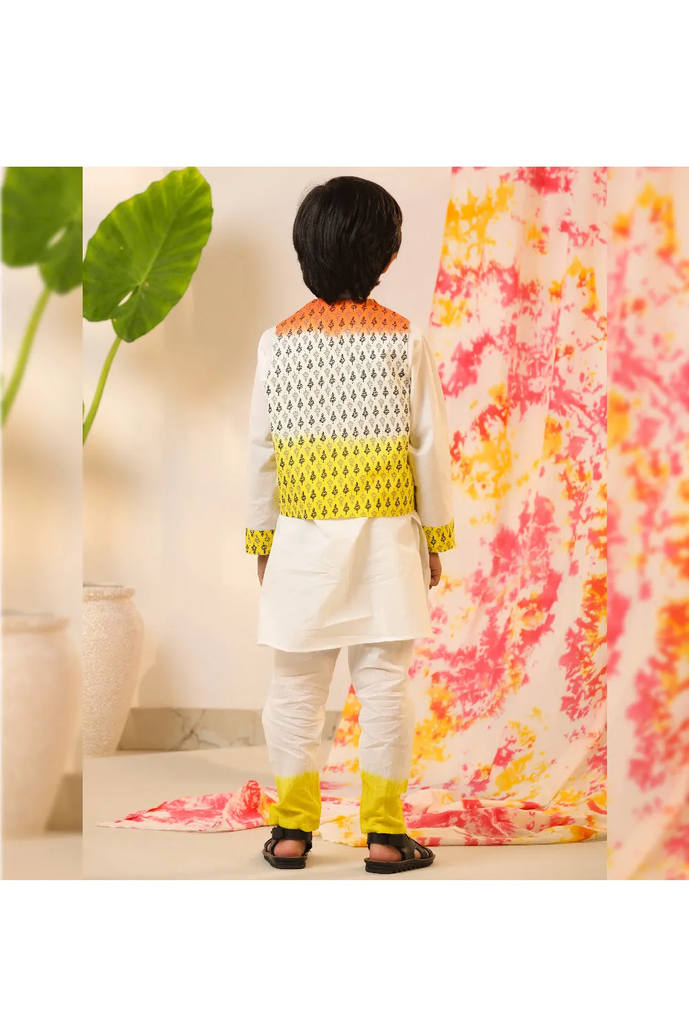 Off White Cotton Kurta With Printed Jacket Set