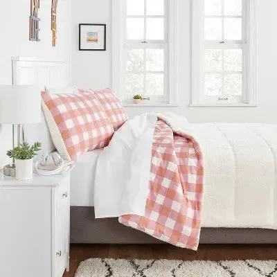 Open Box - Full/Queen Faux Shearling Microfiber Reversible Comforter Pink/Rust Plaid -