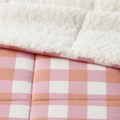 Open Box - Full/Queen Faux Shearling Microfiber Reversible Comforter Pink/Rust Plaid -