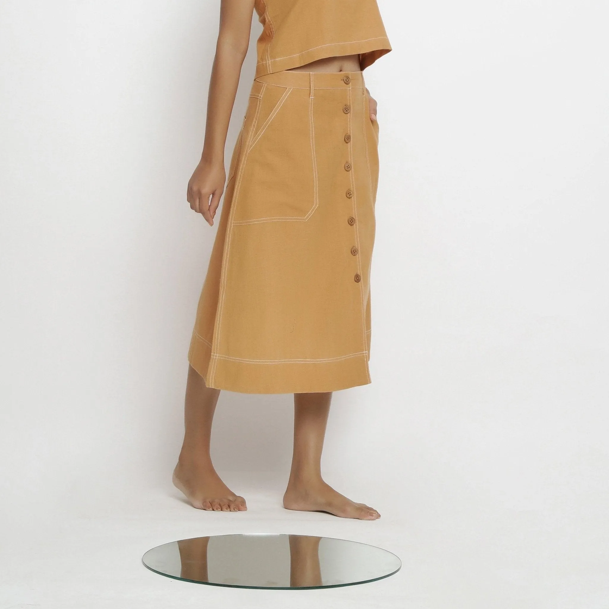 Orange 100% Cotton Button-Down Midi Skirt