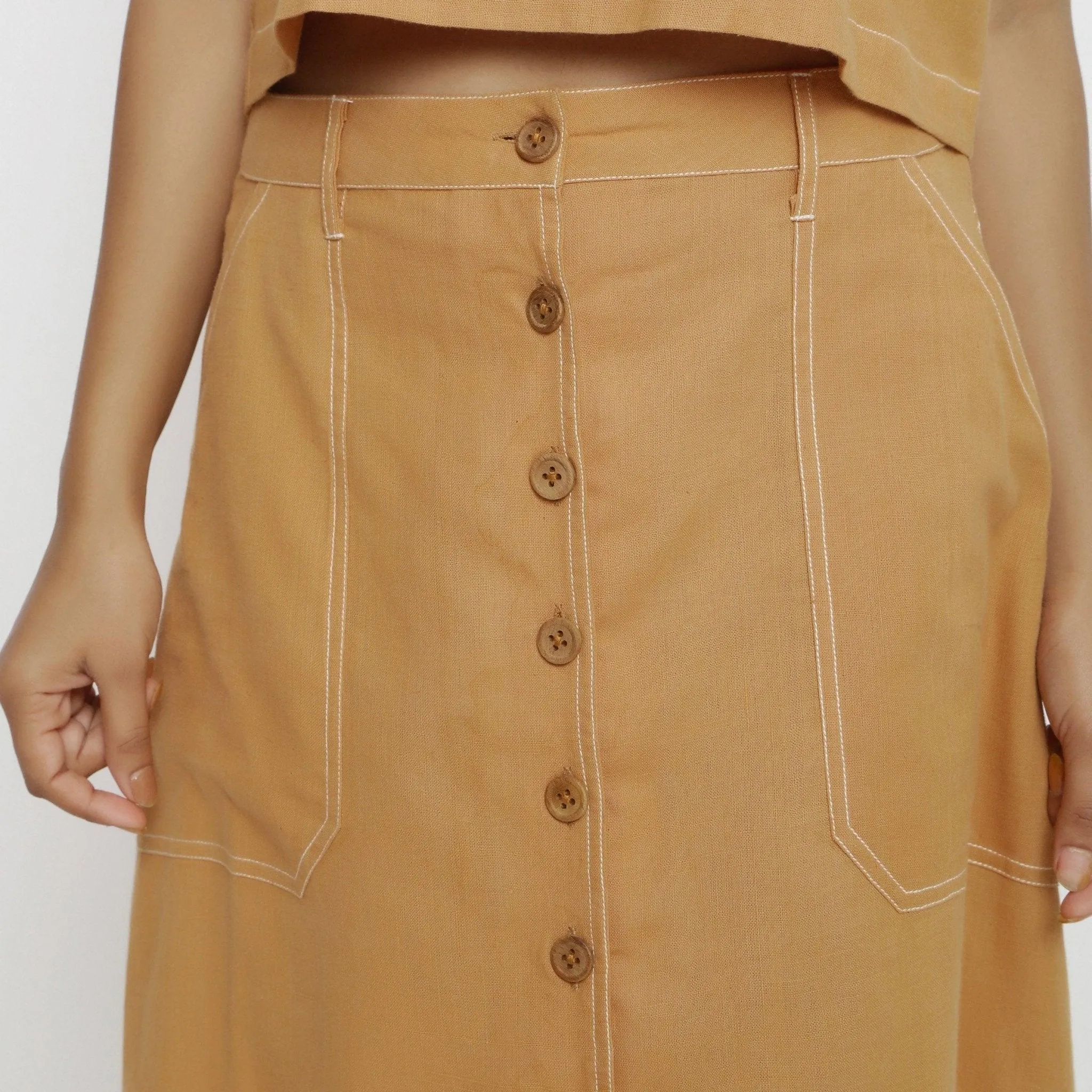 Orange 100% Cotton Button-Down Midi Skirt