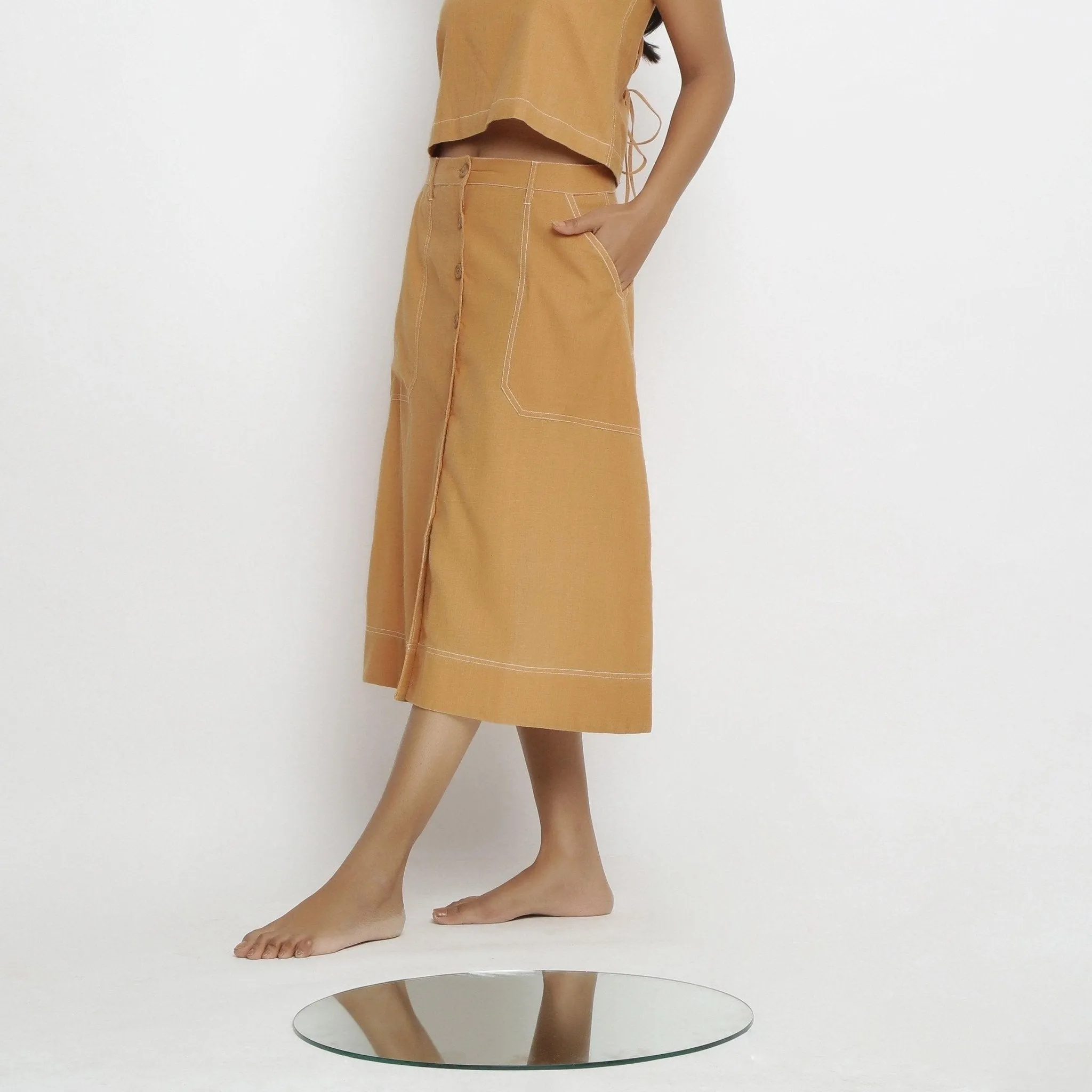 Orange 100% Cotton Button-Down Midi Skirt