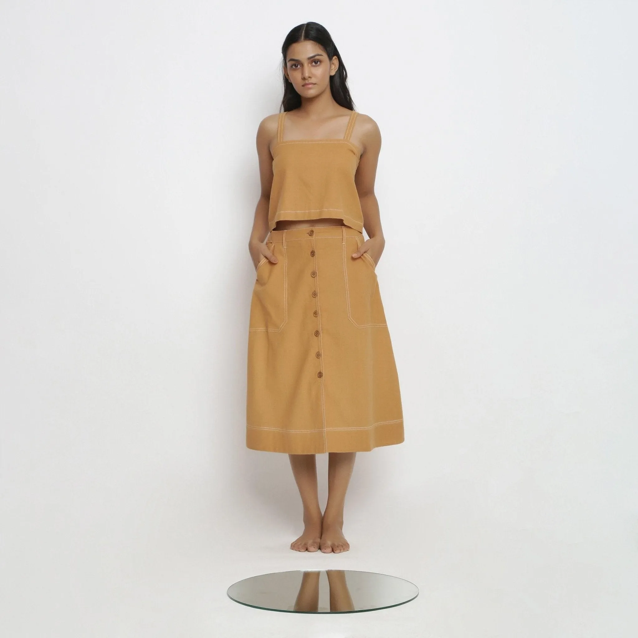 Orange 100% Cotton Button-Down Midi Skirt