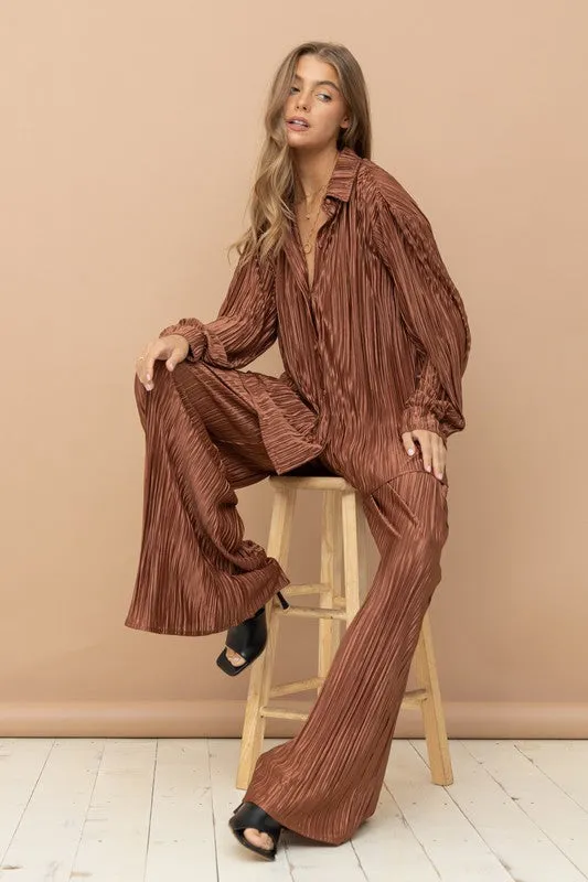 Pleated Silk Pants in Brown