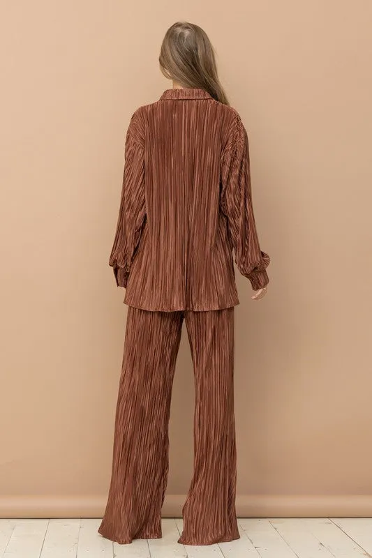 Pleated Silk Pants in Brown