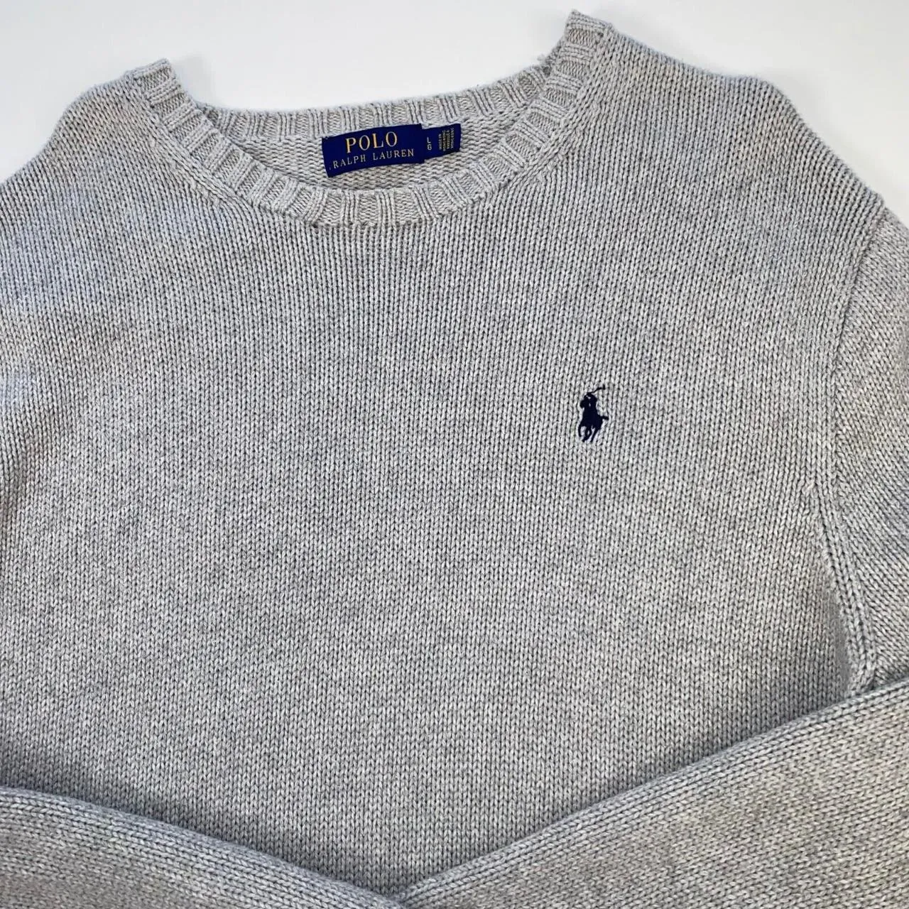 Preowned Polo Ralph Lauren Knitted Jumper Mens Size L [Fit as XL] Grey Crew Heavy Sweater