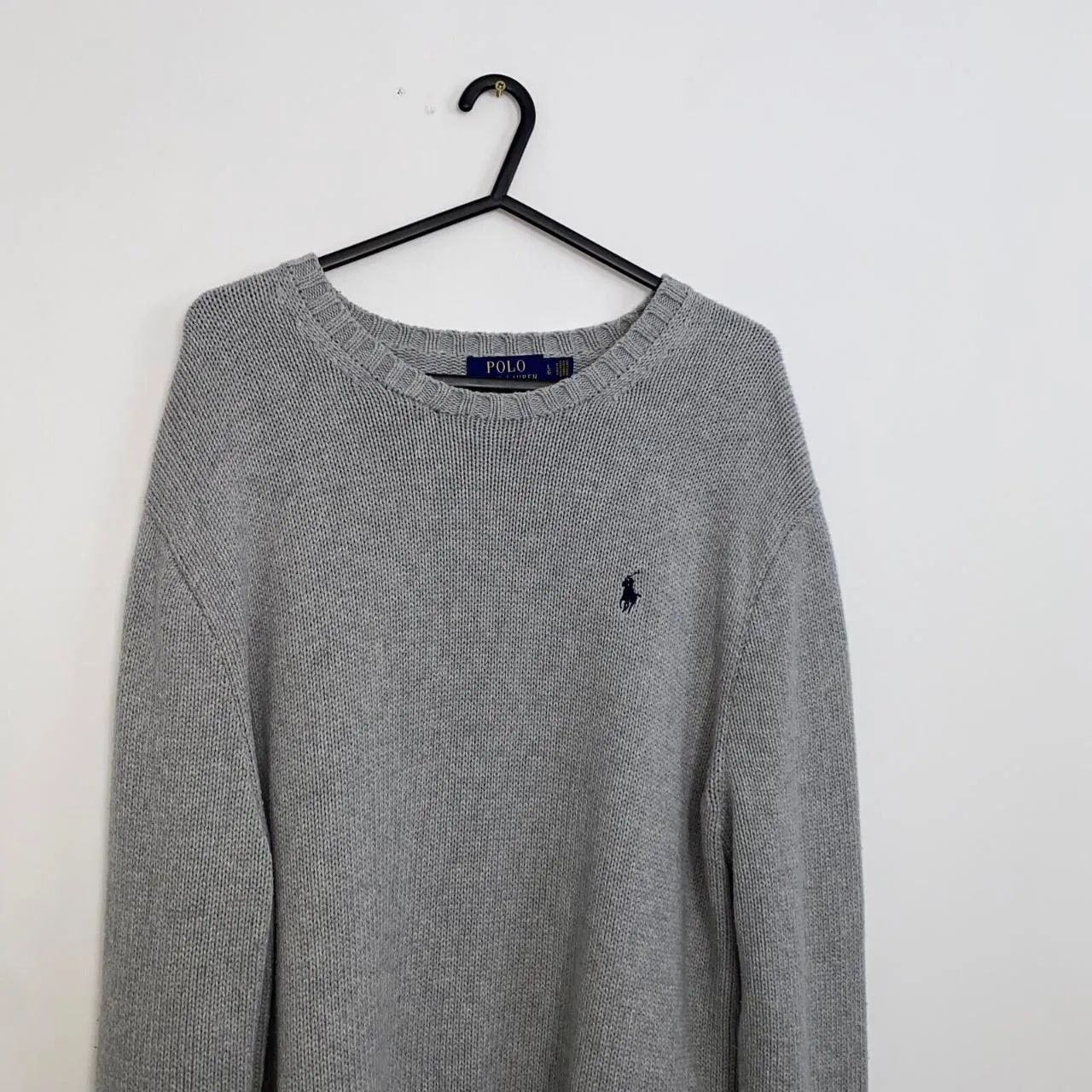 Preowned Polo Ralph Lauren Knitted Jumper Mens Size L [Fit as XL] Grey Crew Heavy Sweater