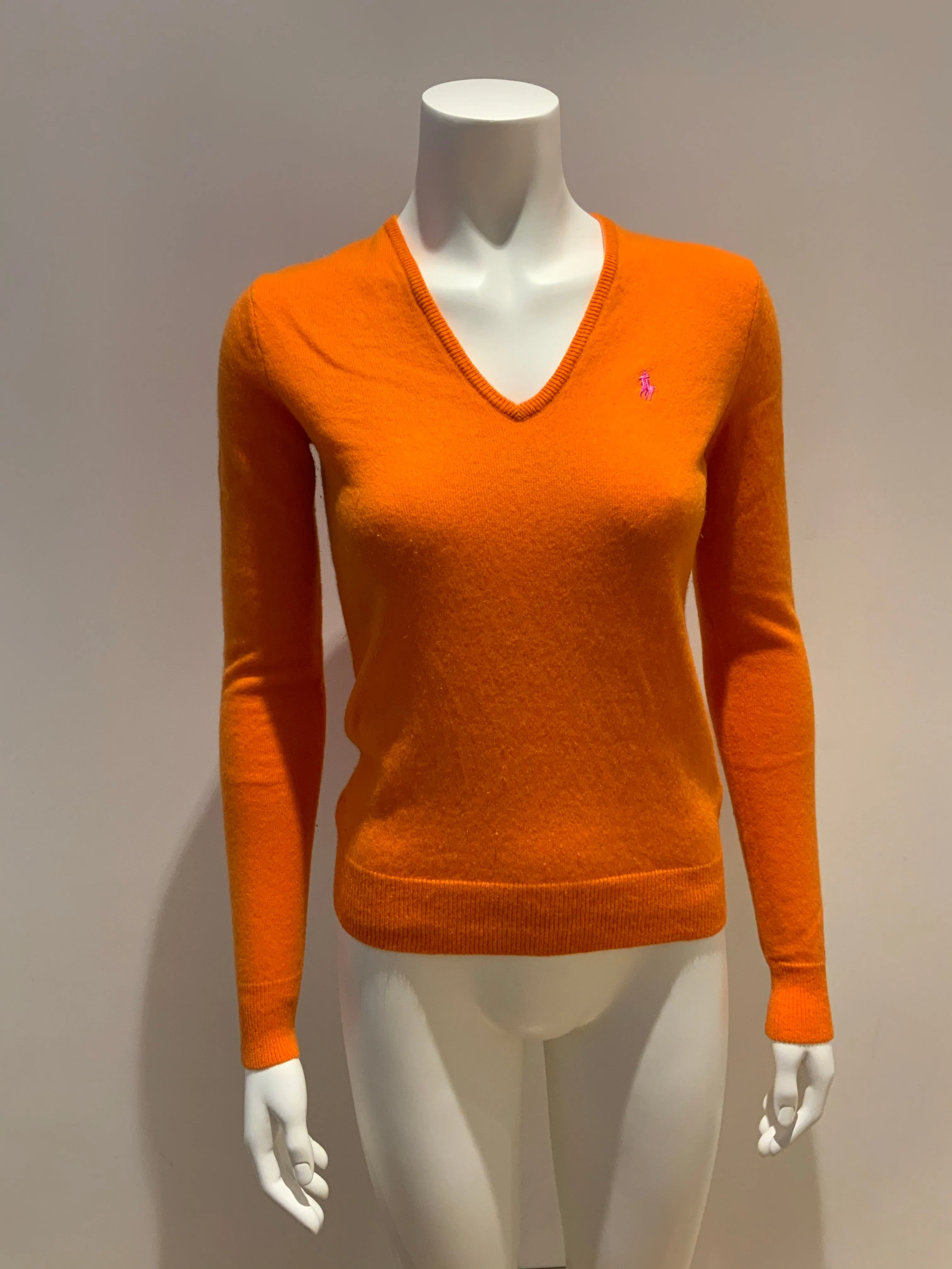 Ralph Lauren Pure Cashmere Neon Orange V neck Jumper Sweater Size M medium ladies