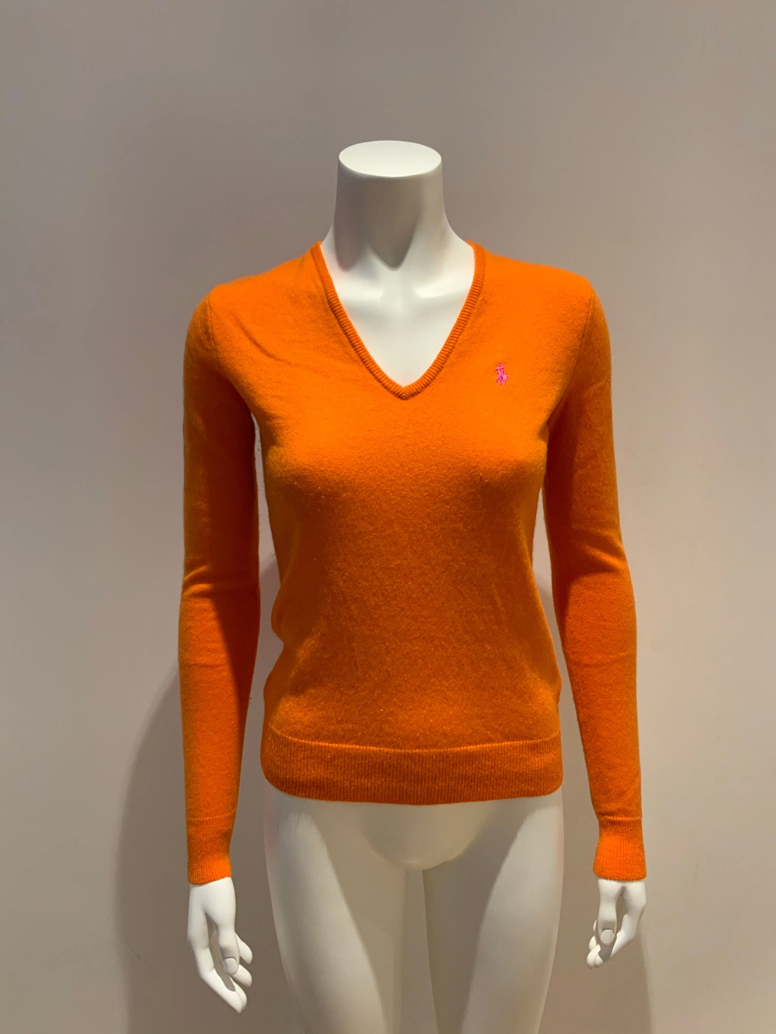 Ralph Lauren Pure Cashmere Neon Orange V neck Jumper Sweater Size M medium ladies