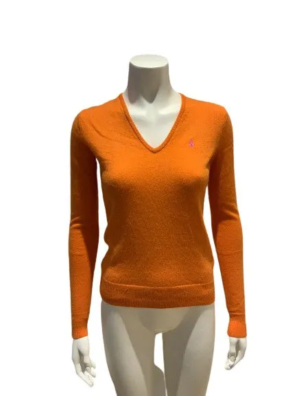 Ralph Lauren Pure Cashmere Neon Orange V neck Jumper Sweater Size M medium ladies