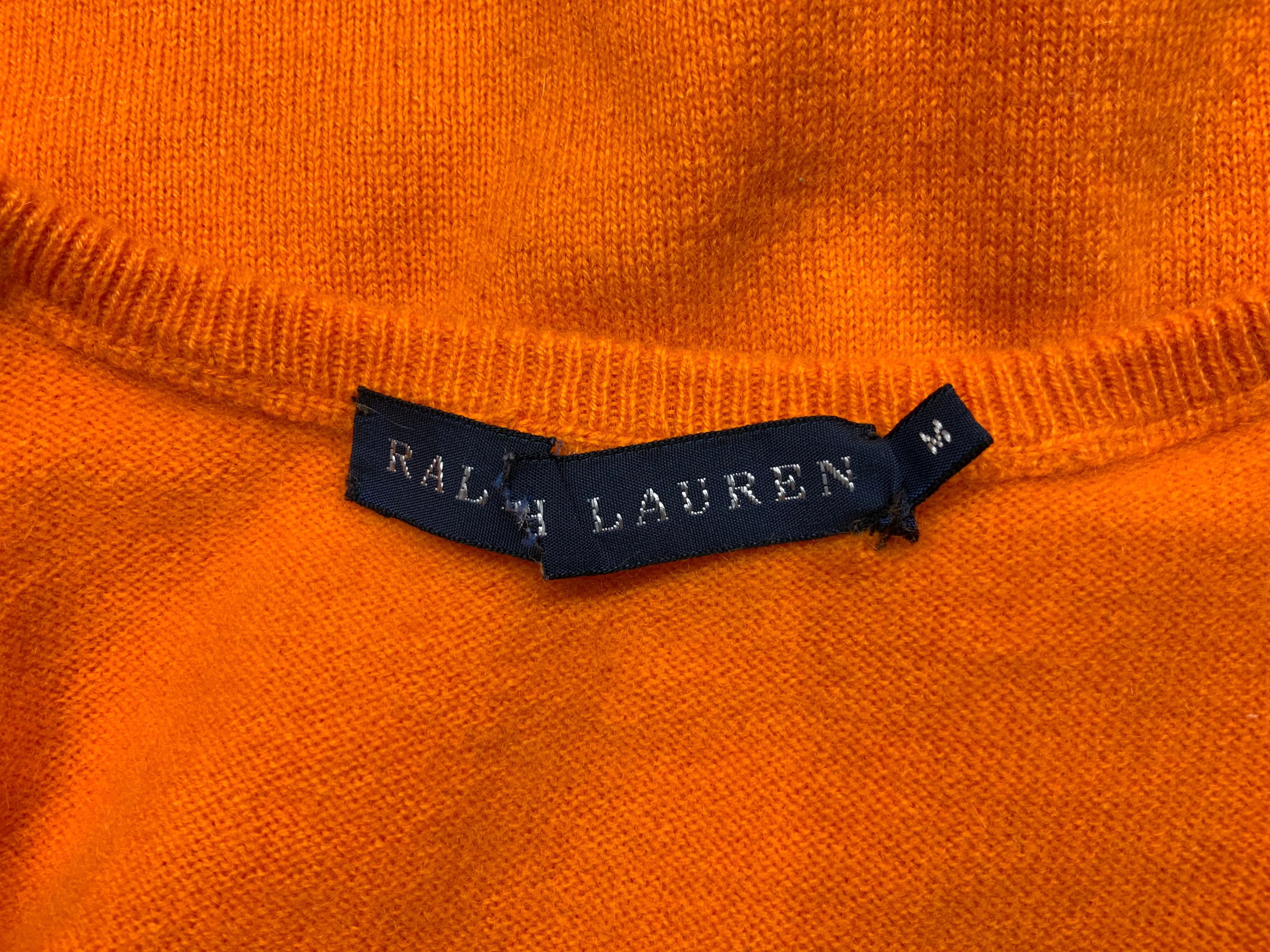 Ralph Lauren Pure Cashmere Neon Orange V neck Jumper Sweater Size M medium ladies