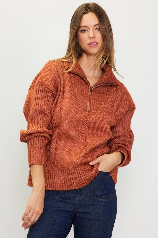 Rust Long Sleeve Half Zip Up Sweater