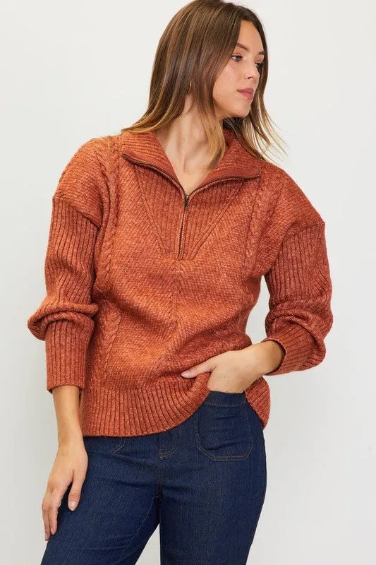 Rust Long Sleeve Half Zip Up Sweater