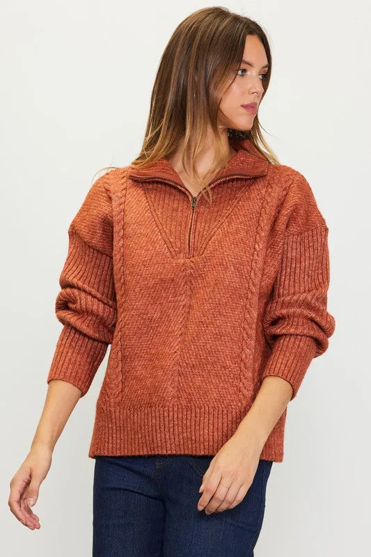 Rust Long Sleeve Half Zip Up Sweater