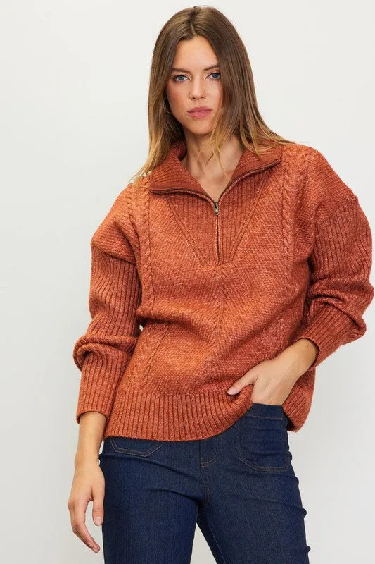 Rust Long Sleeve Half Zip Up Sweater