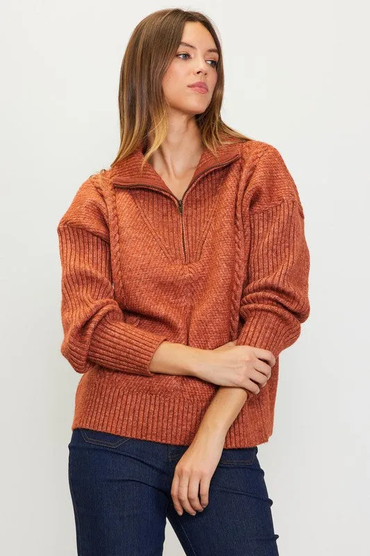 Rust Long Sleeve Half Zip Up Sweater