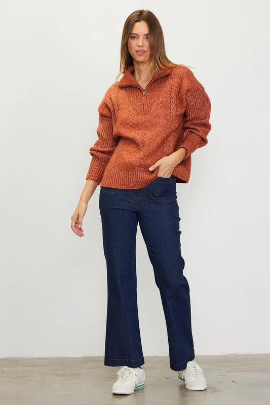 Rust Long Sleeve Half Zip Up Sweater