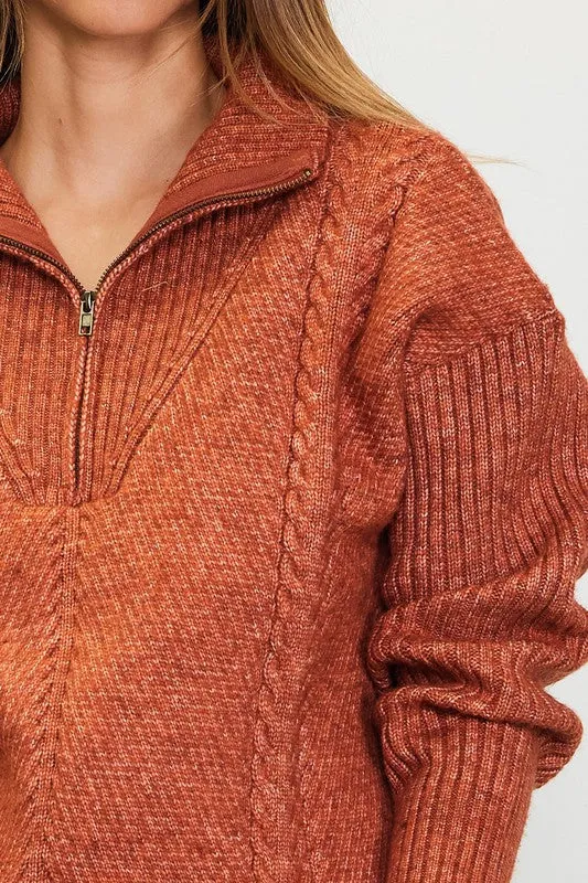 Rust Long Sleeve Half Zip Up Sweater