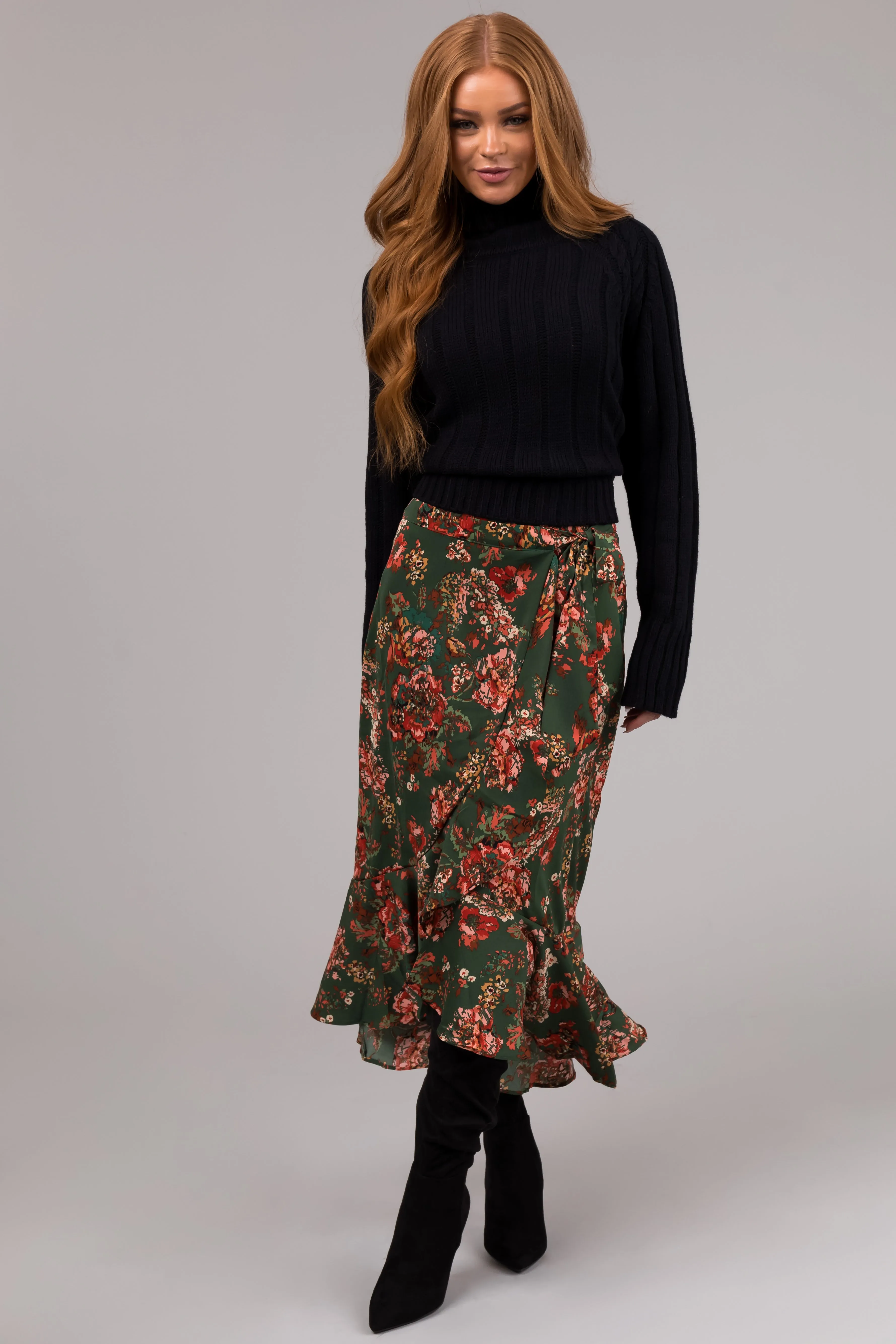 She Sky Forest Green Floral Print Midi Skirt