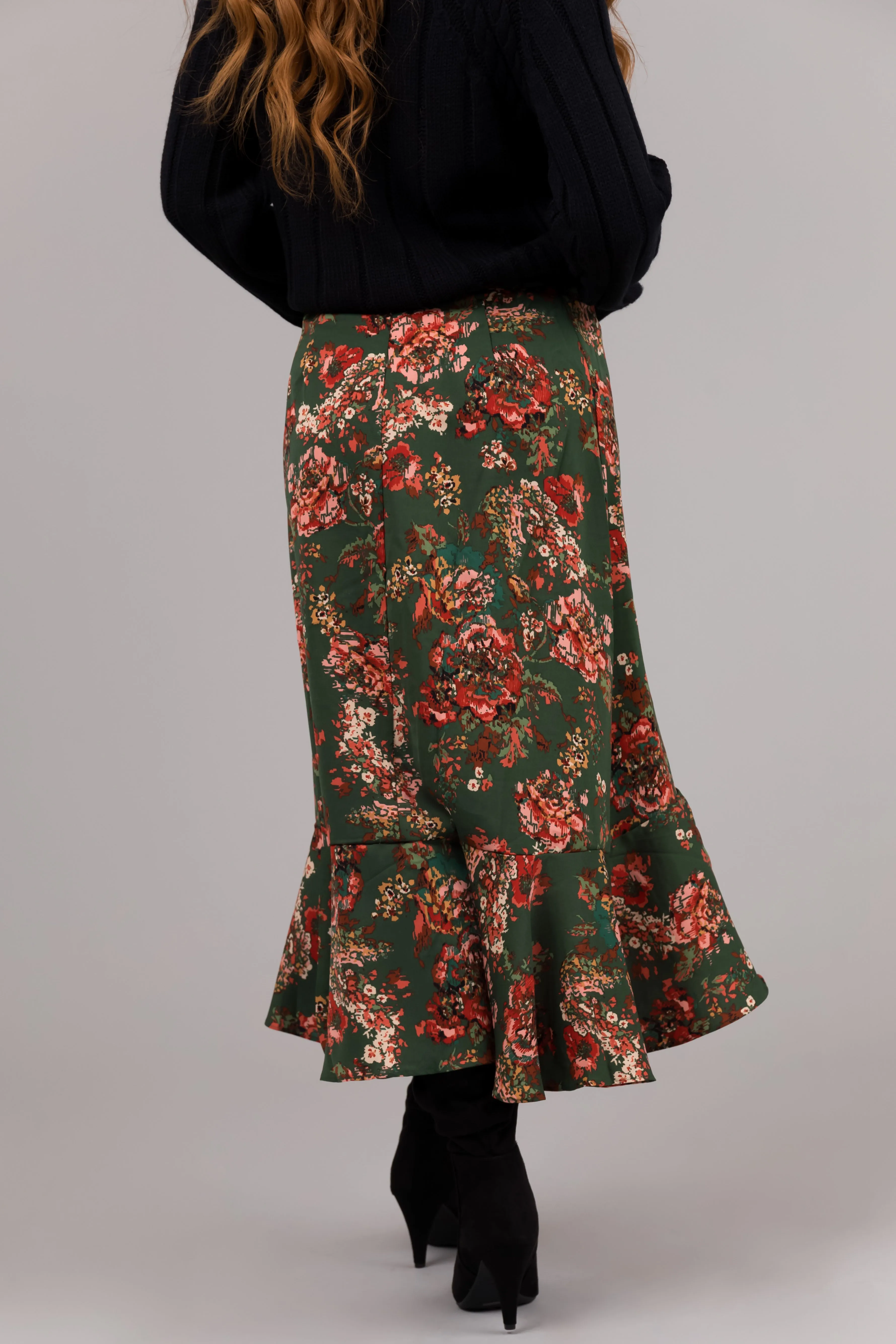 She Sky Forest Green Floral Print Midi Skirt