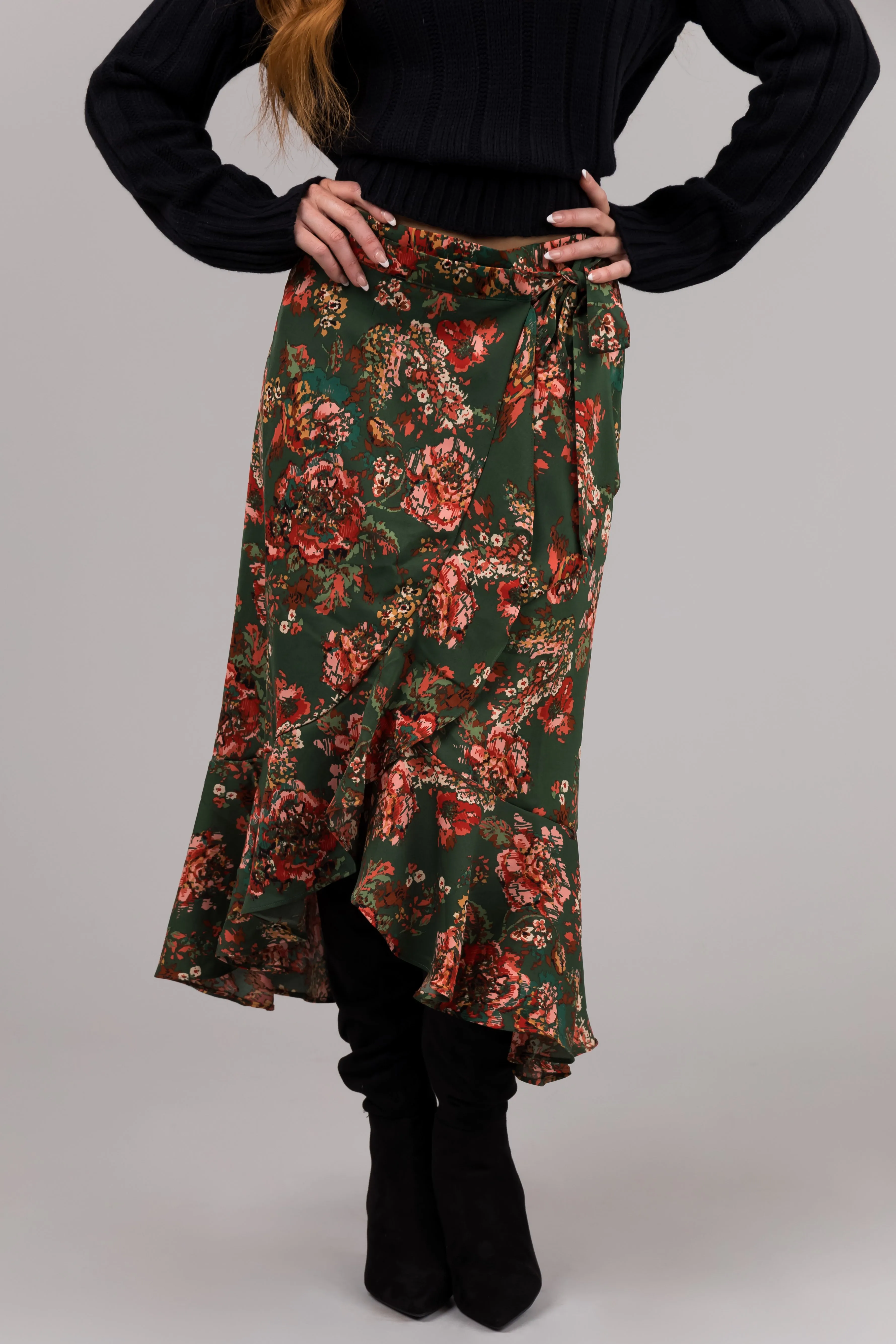 She Sky Forest Green Floral Print Midi Skirt