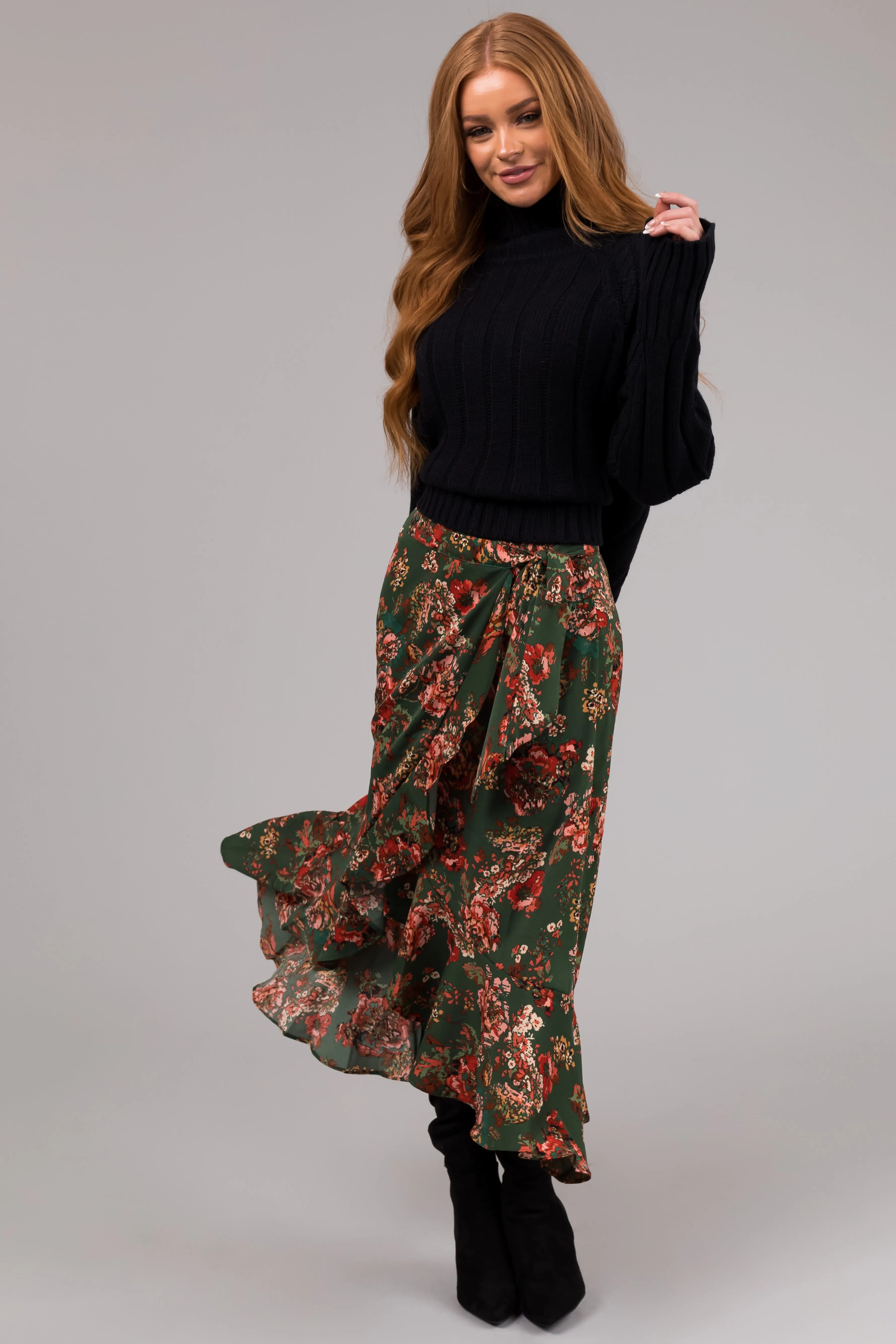 She Sky Forest Green Floral Print Midi Skirt