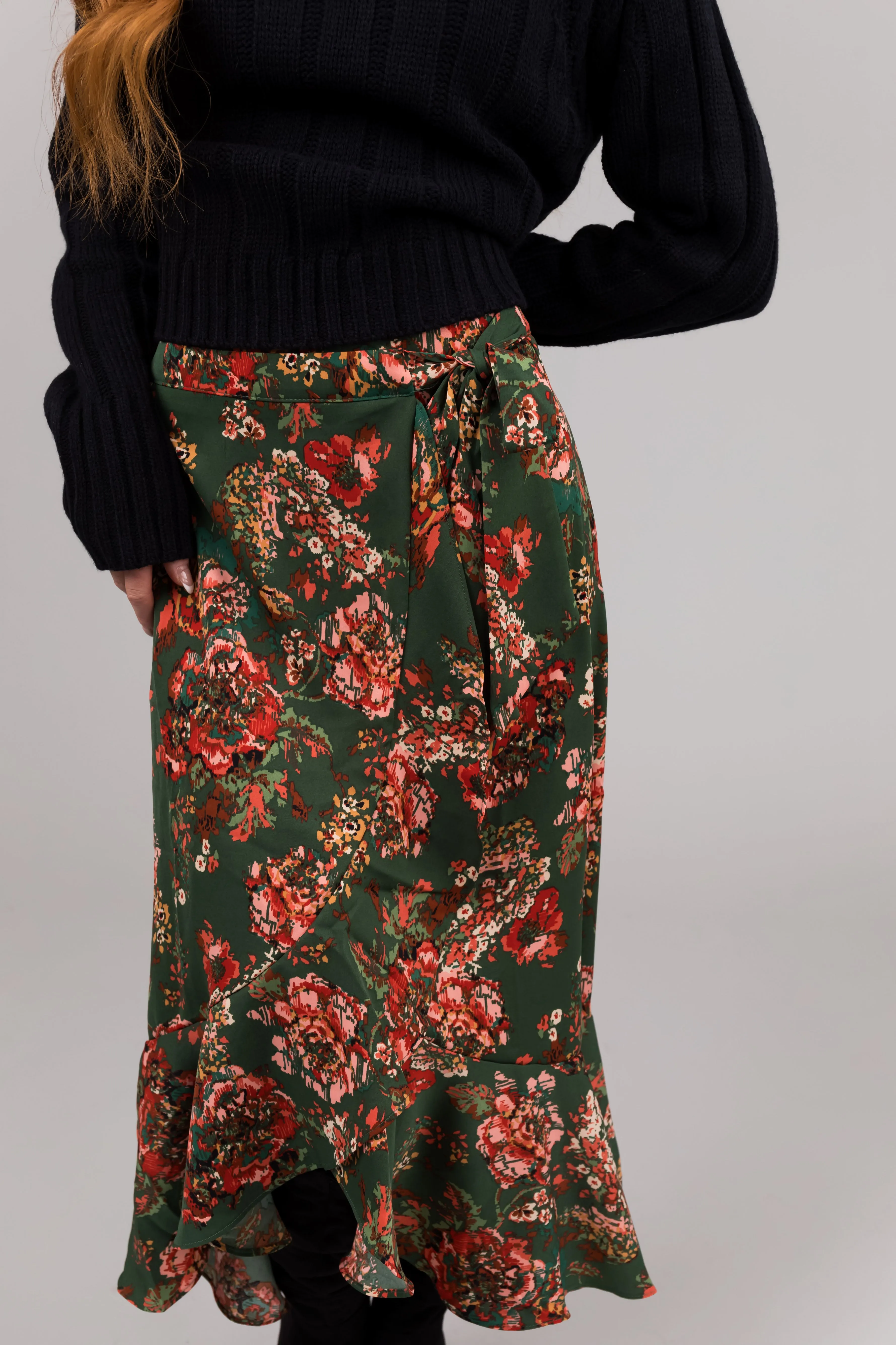 She Sky Forest Green Floral Print Midi Skirt