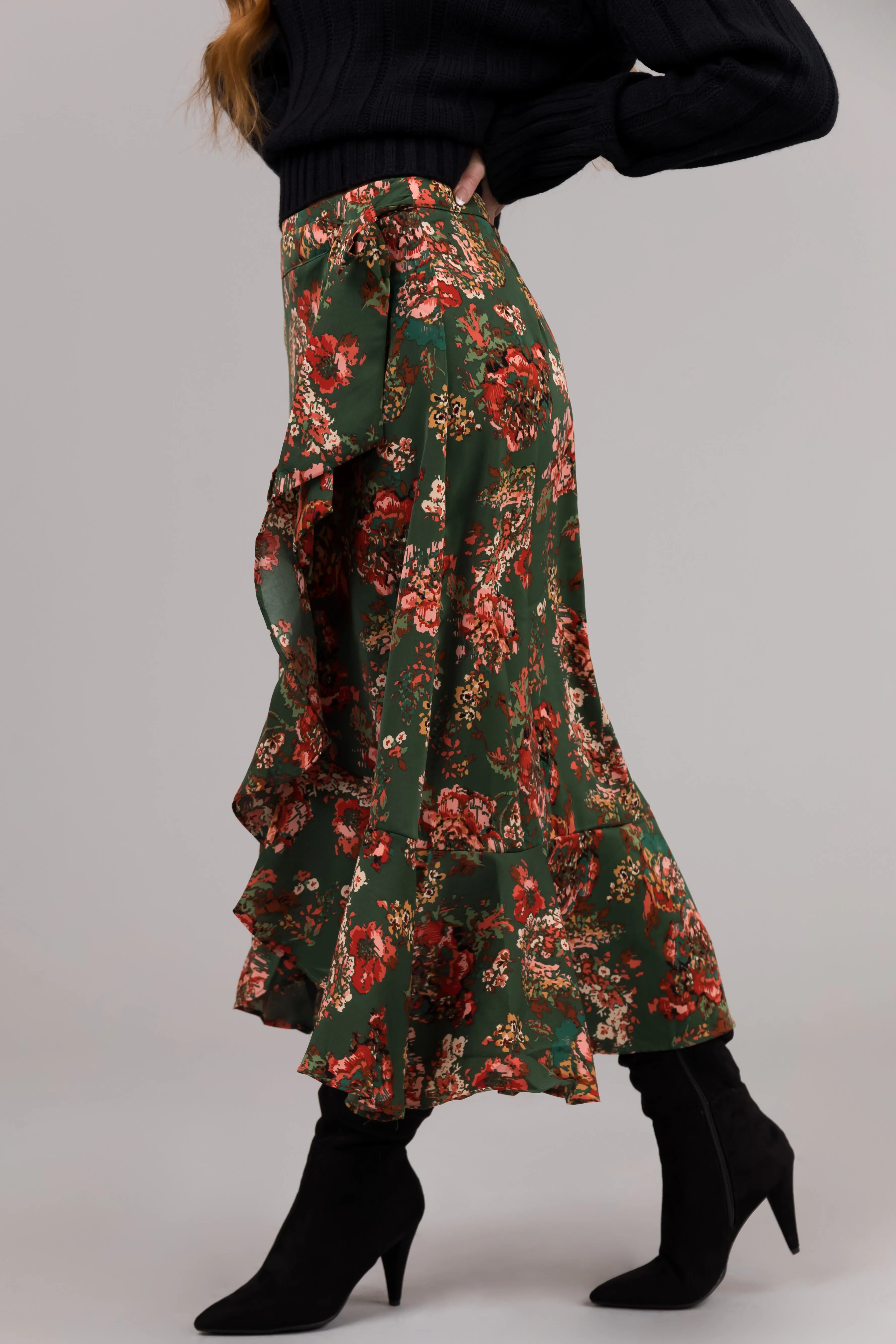 She Sky Forest Green Floral Print Midi Skirt