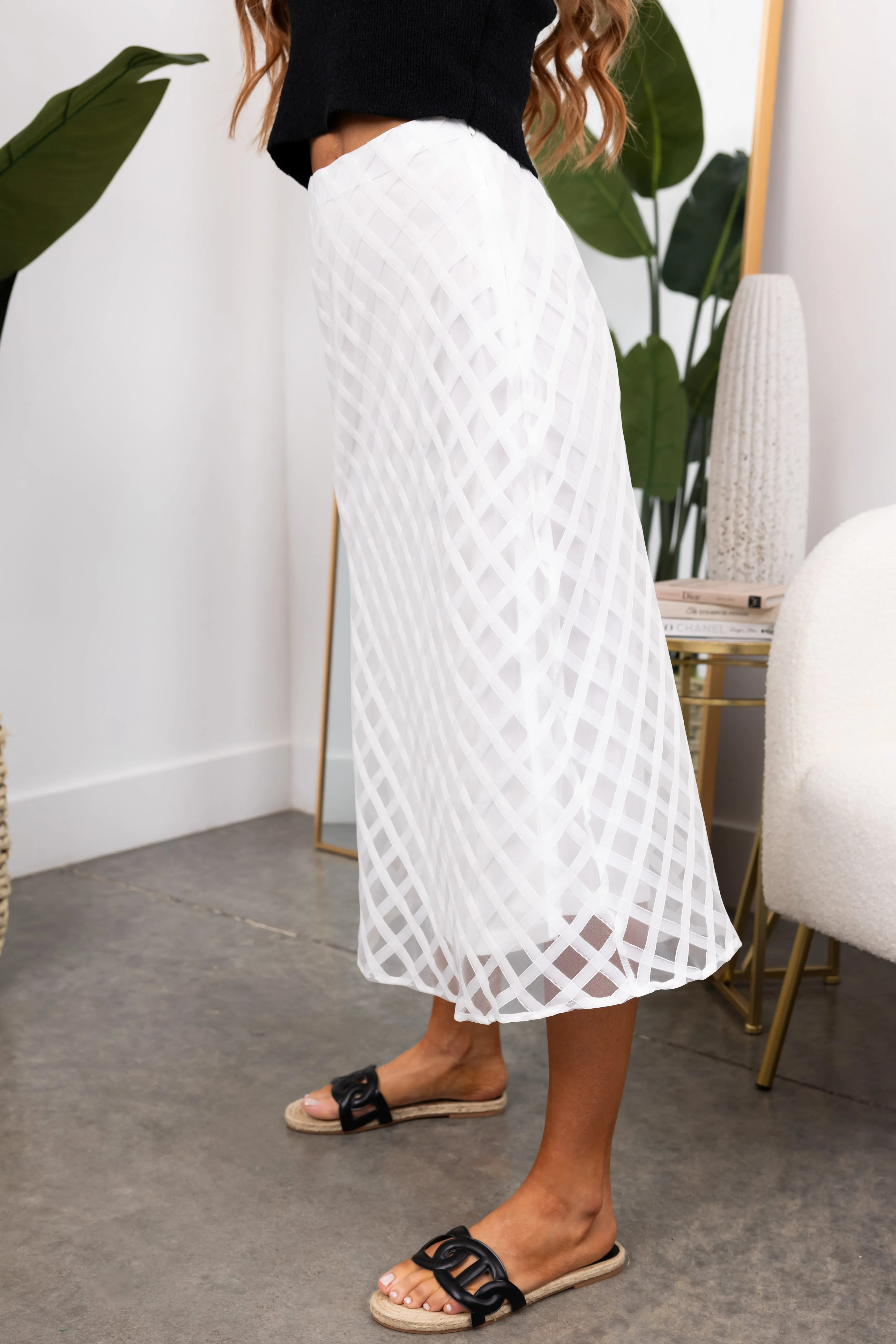 She Sky White Windowpane Organza Midi Skirt