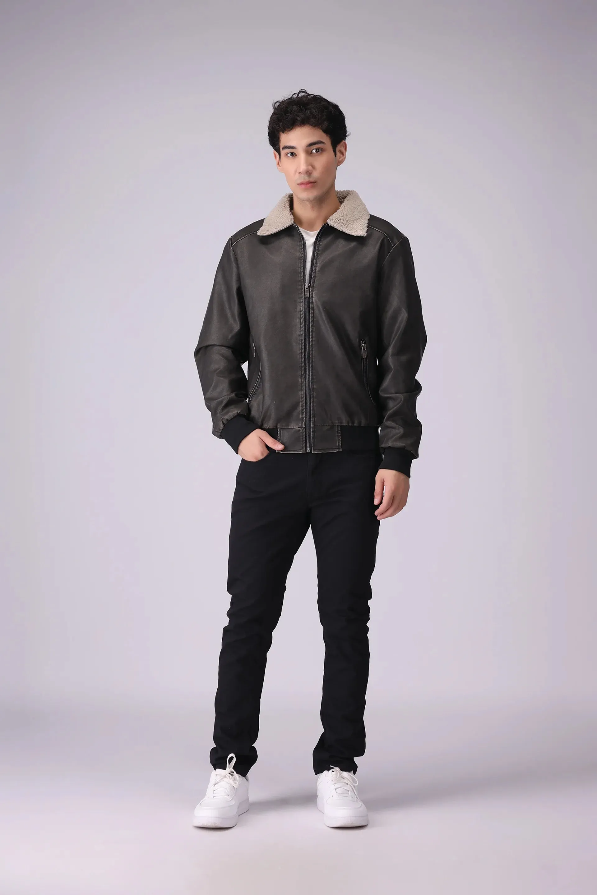 Sherpa Collar Faux Leather Jacket