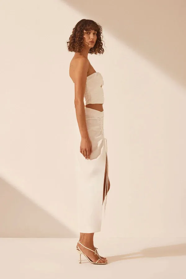 Shona Joy- Blanc Linen Ruched Drawstring Midi Skirt *** SALE ITEM NO RETURNS***