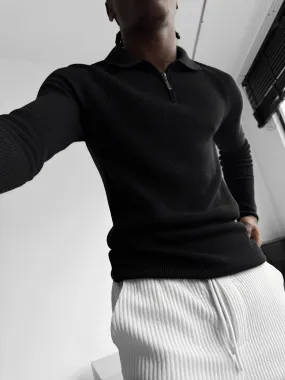 Slim Fit Knit Zipper Polo Sweater - Black