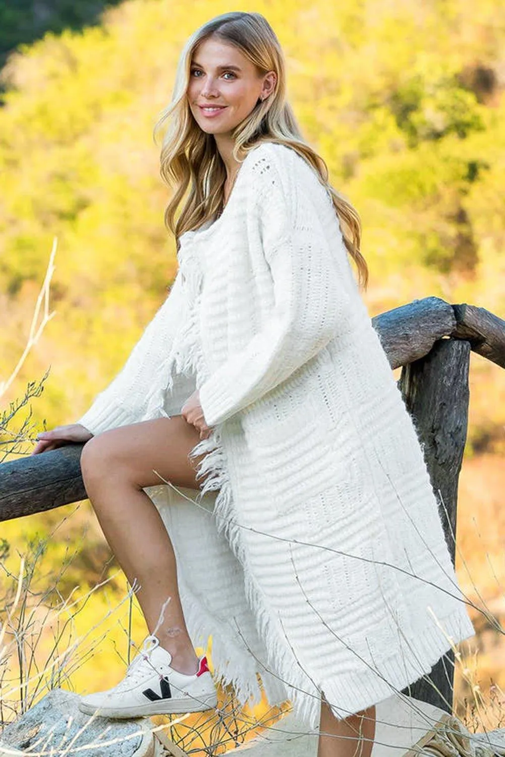 Snow White Fringe Long Cardigan