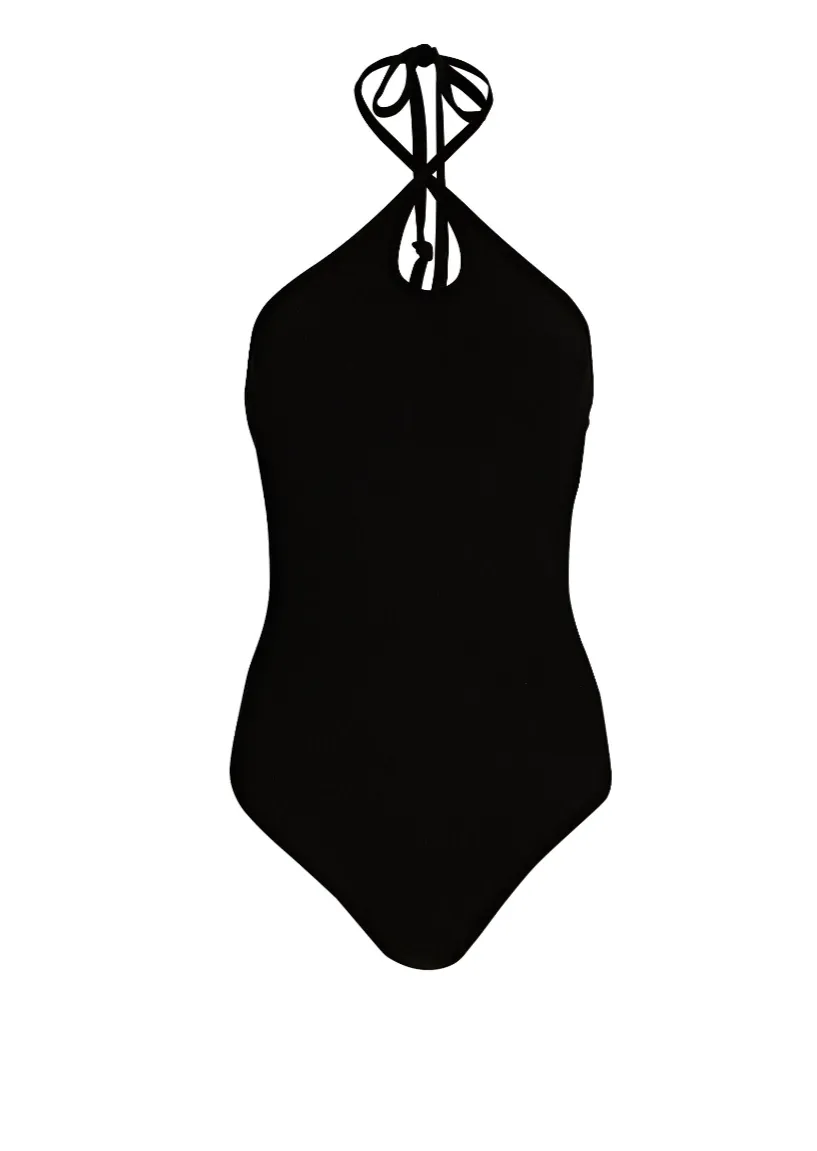 Stretch Silk Knit Keyhole Halter Bodysuit - Black