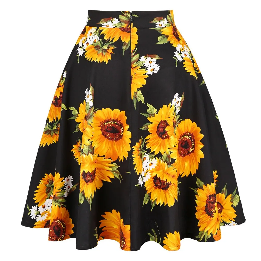Sunflower Summer Pleated Skirts Womans Saias Midi Faldas 50s 1950s Vintage Women Big Swing Housewife Rockabilly Party Skirt