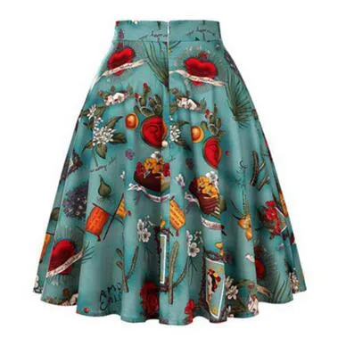 Sunflower Summer Pleated Skirts Womans Saias Midi Faldas 50s 1950s Vintage Women Big Swing Housewife Rockabilly Party Skirt