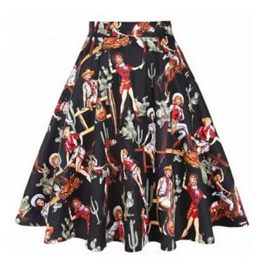 Sunflower Summer Pleated Skirts Womans Saias Midi Faldas 50s 1950s Vintage Women Big Swing Housewife Rockabilly Party Skirt
