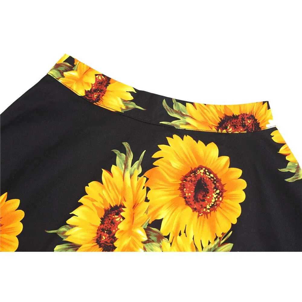 Sunflower Summer Pleated Skirts Womans Saias Midi Faldas 50s 1950s Vintage Women Big Swing Housewife Rockabilly Party Skirt