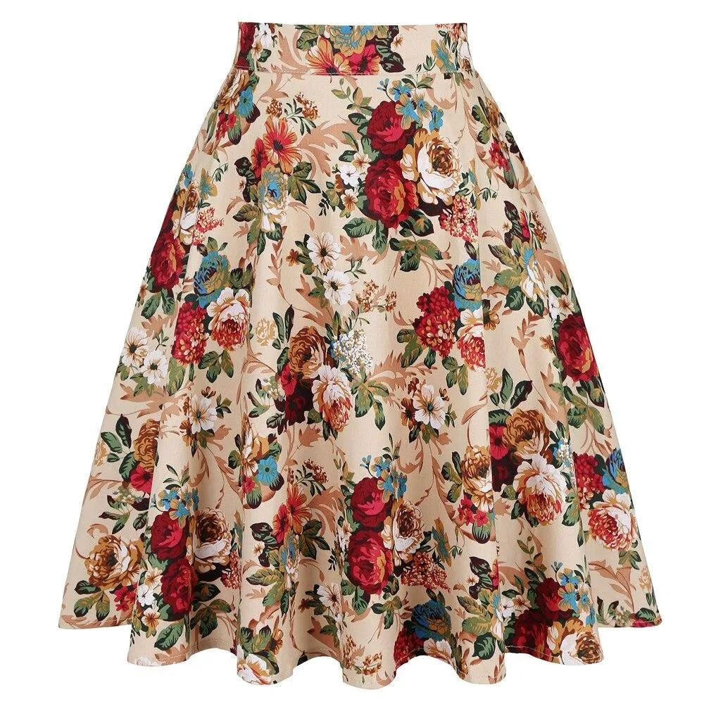 Sunflower Summer Pleated Skirts Womans Saias Midi Faldas 50s 1950s Vintage Women Big Swing Housewife Rockabilly Party Skirt