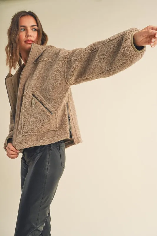 The Thomas Sherpa Hoodie Jacket in Taupe