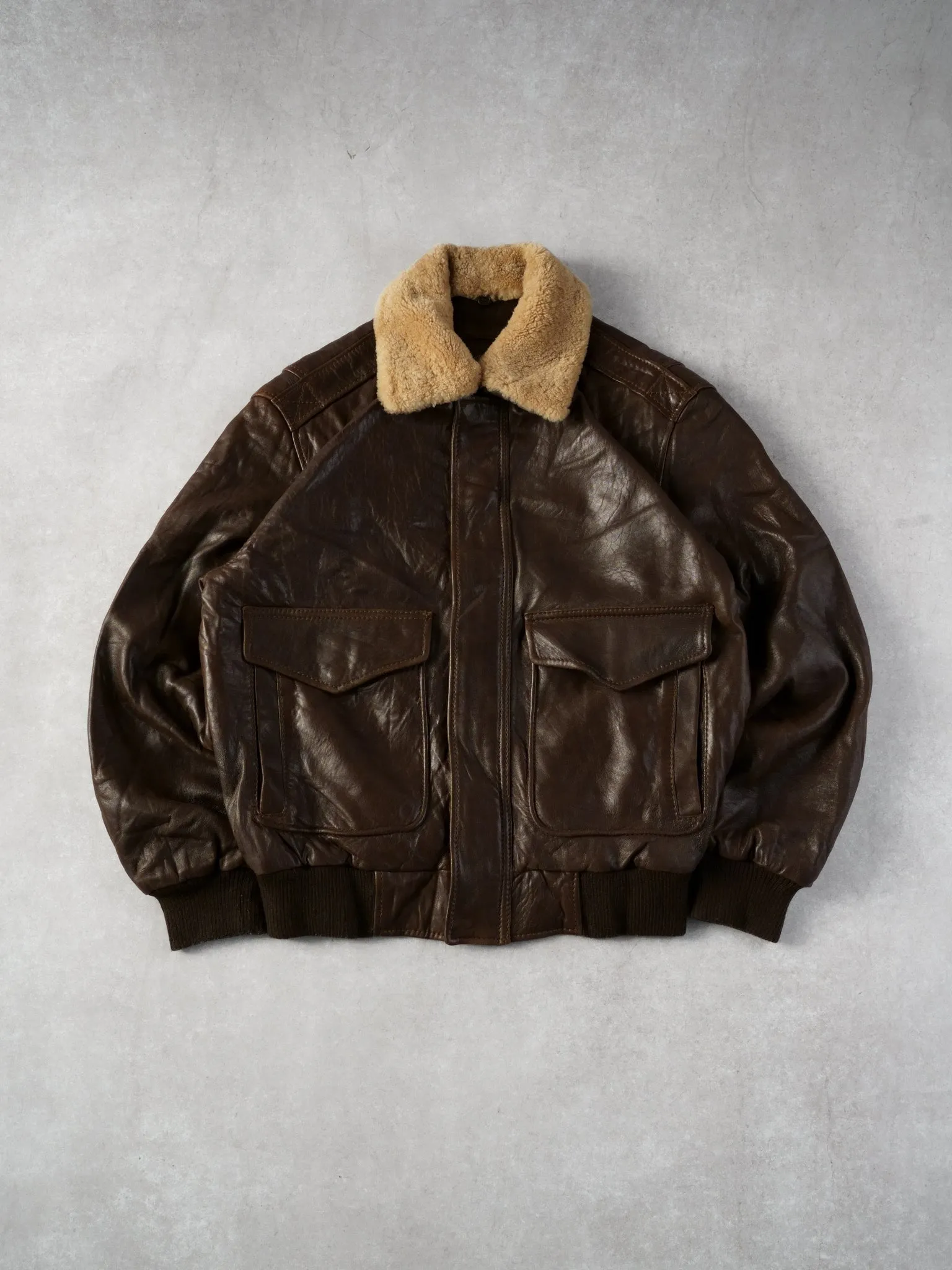 Vintage 90s Brown Andrew Marc Leather Sherpa Collared Bomber Jacket (L)