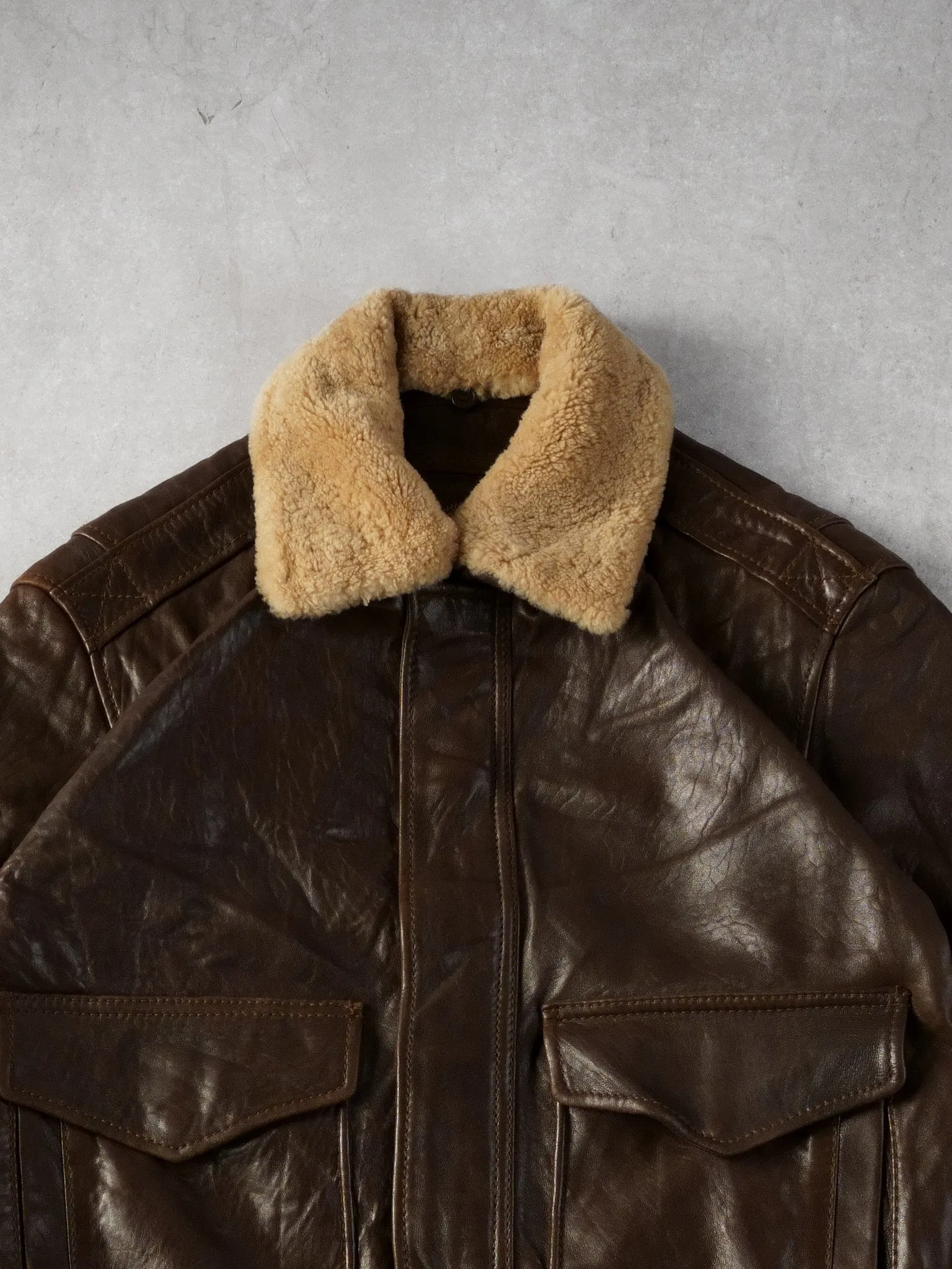 Vintage 90s Brown Andrew Marc Leather Sherpa Collared Bomber Jacket (L)